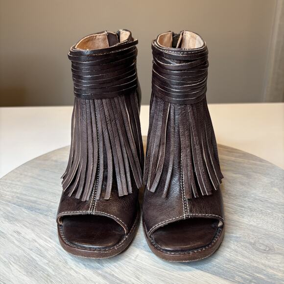 Bed Stu Onset Olivia Peep Toe Women's Fringe Brown Leather Booties Size 6.5 - Picture 4 of 12